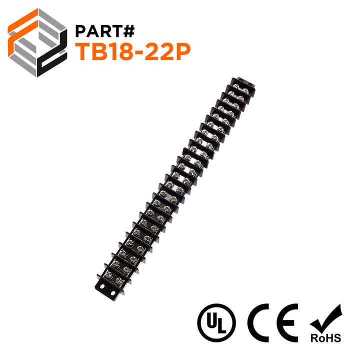 Barrier Strip Terminal Block, Terminal Strip, 22 Pole, Double Row, 20A, 300V, UL Approved - TB18-22P