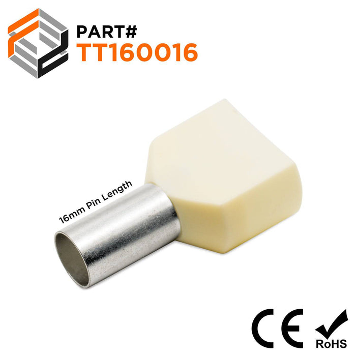 TT160016 - 2x6 AWG (16mm Pin) Twin Wire Ferrules - Beige - Ferrules Direct