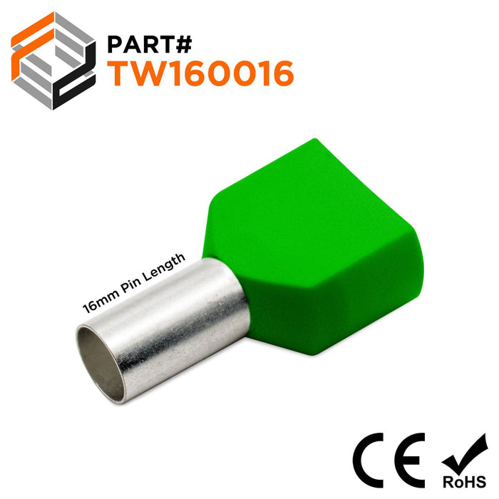 TW160016 - 2x6 AWG (16mm Pin) Twin Wire Ferrules - Green - Ferrules Direct