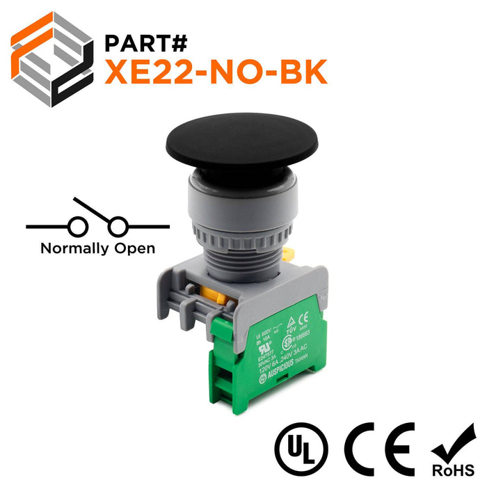 22mm Push Button - (NO) - 40mm Mushroom Head - Black - XE22-NO-BK - Ferrules Direct