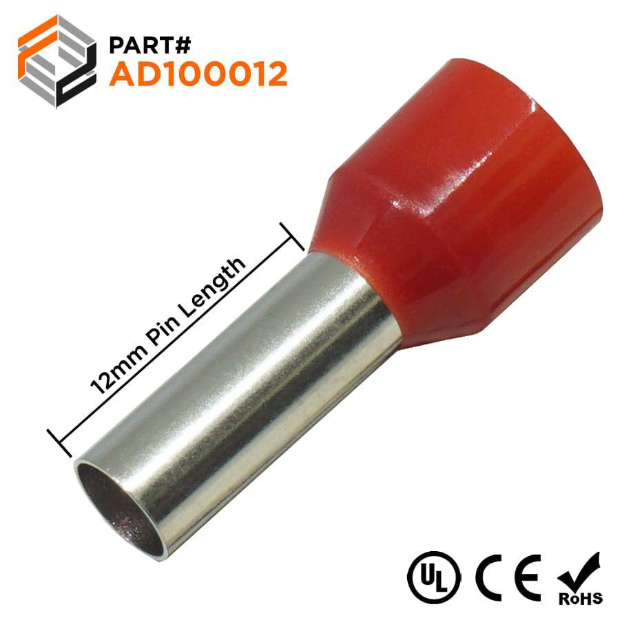 AD100012 - 8 AWG (12mm Pin) Insulated Ferrules - Red - Ferrules Direct