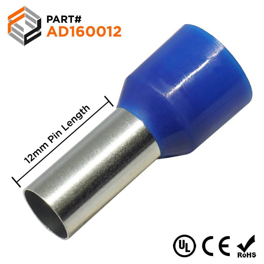 AD160012 - 6 AWG (12mm Pin) Insulated Ferrules - Blue - Ferrules Direct