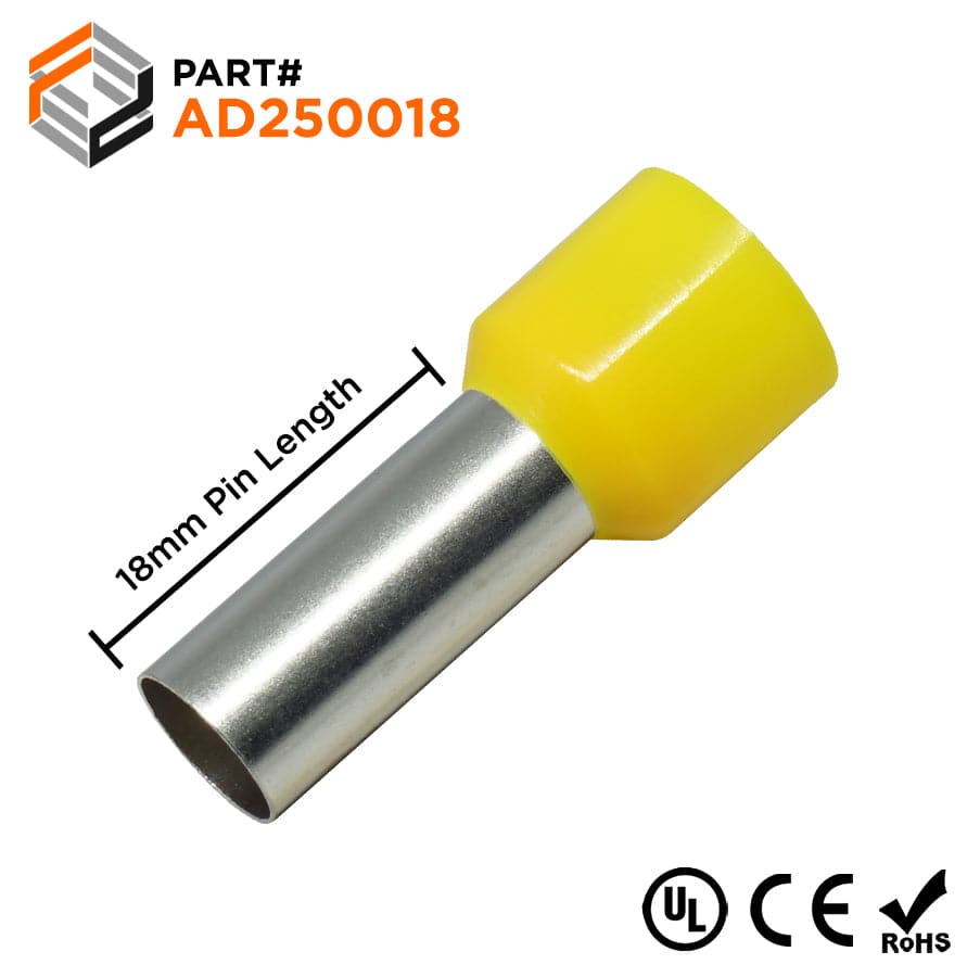 AD250018 - 4 AWG (18mm Pin) Insulated Ferrules - Yellow - Ferrules Direct