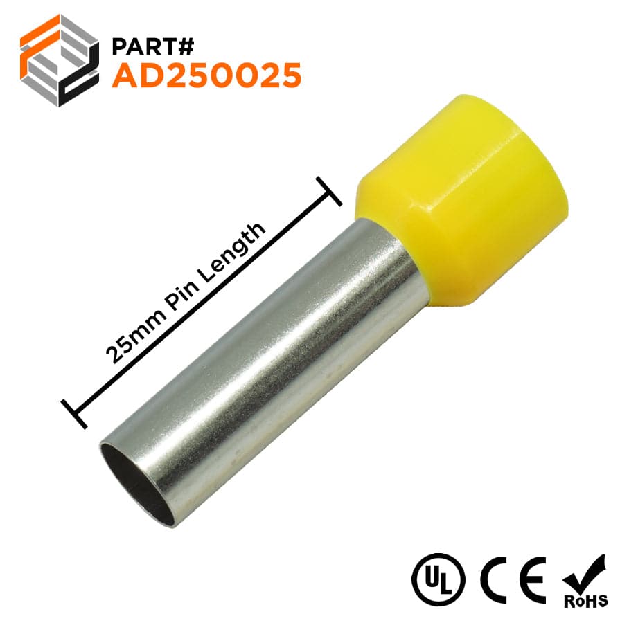 AD250025 - 4 AWG (25mm Pin) Insulated Ferrules - Yellow - Ferrules Direct