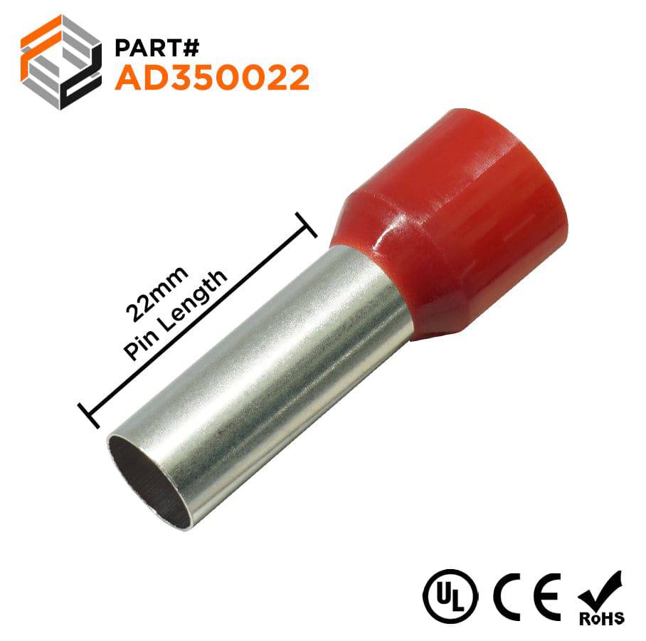 AD350022 - 2 AWG (22mm Pin) Insulated Ferrules - Red - Ferrules Direct