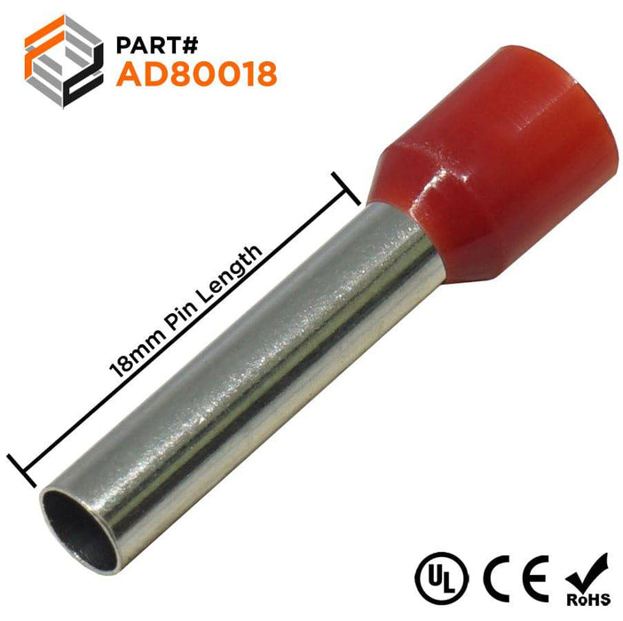 AD80018 - True 8 AWG (18mm Pin) Insulated Ferrules - Red - Ferrules Direct