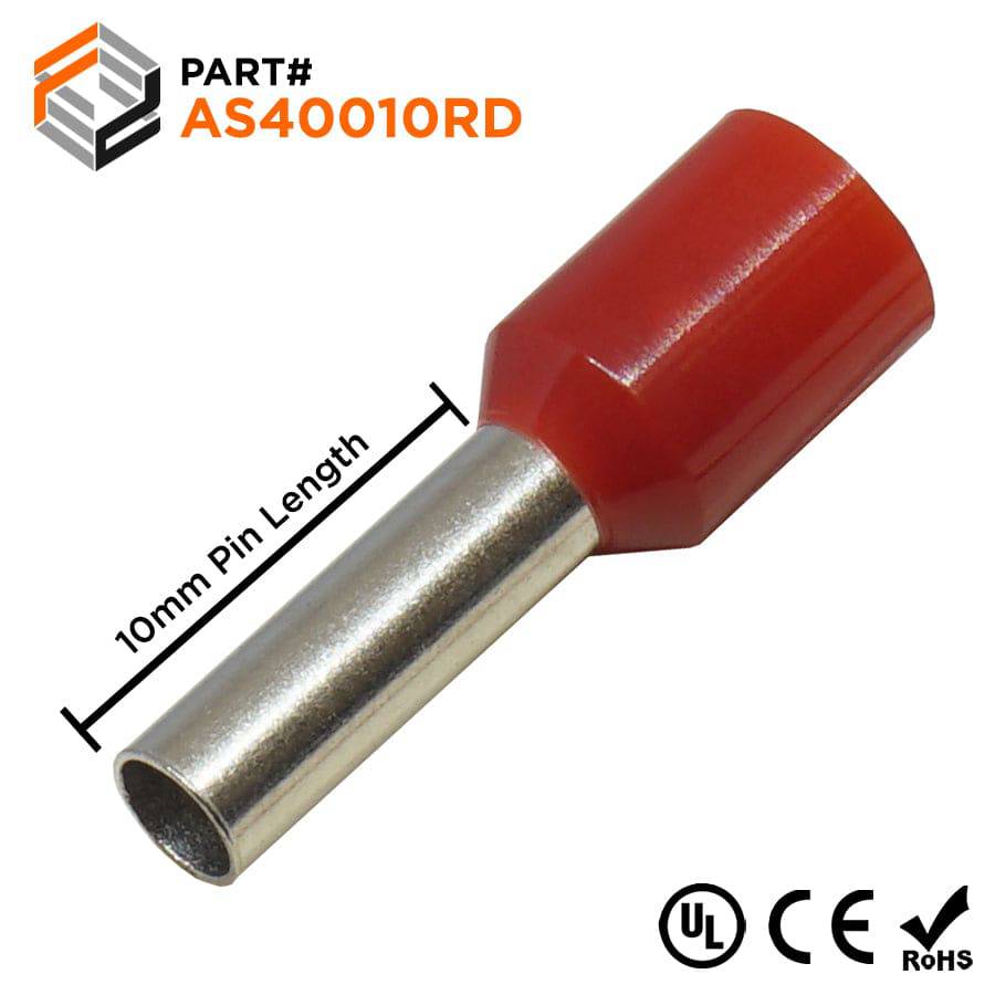 AS40010RD - 12AWG (10mm Pin) Insulated Ferrules - Red - Ferrules Direct