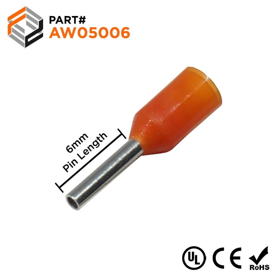 AW05006 - 22 AWG (6mm Pin) Insulated Ferrules - Orange - Ferrules Direct