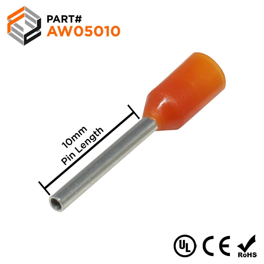 AW05010 - 22 AWG (10mm Pin) Insulated Ferrules - Orange - Ferrules Direct