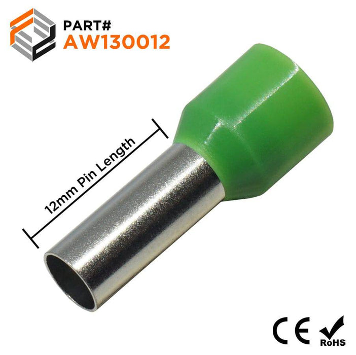 AW130012 - True 6 AWG (12mm Pin) Insulated Ferrules - Green - Ferrules Direct