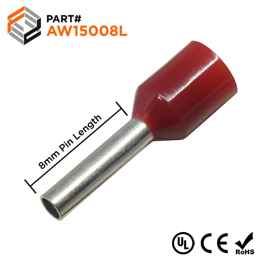 AW15008L - 16AWG (8mm Pin) Insulated Ferrules - Red - Large Cap - Ferrules Direct