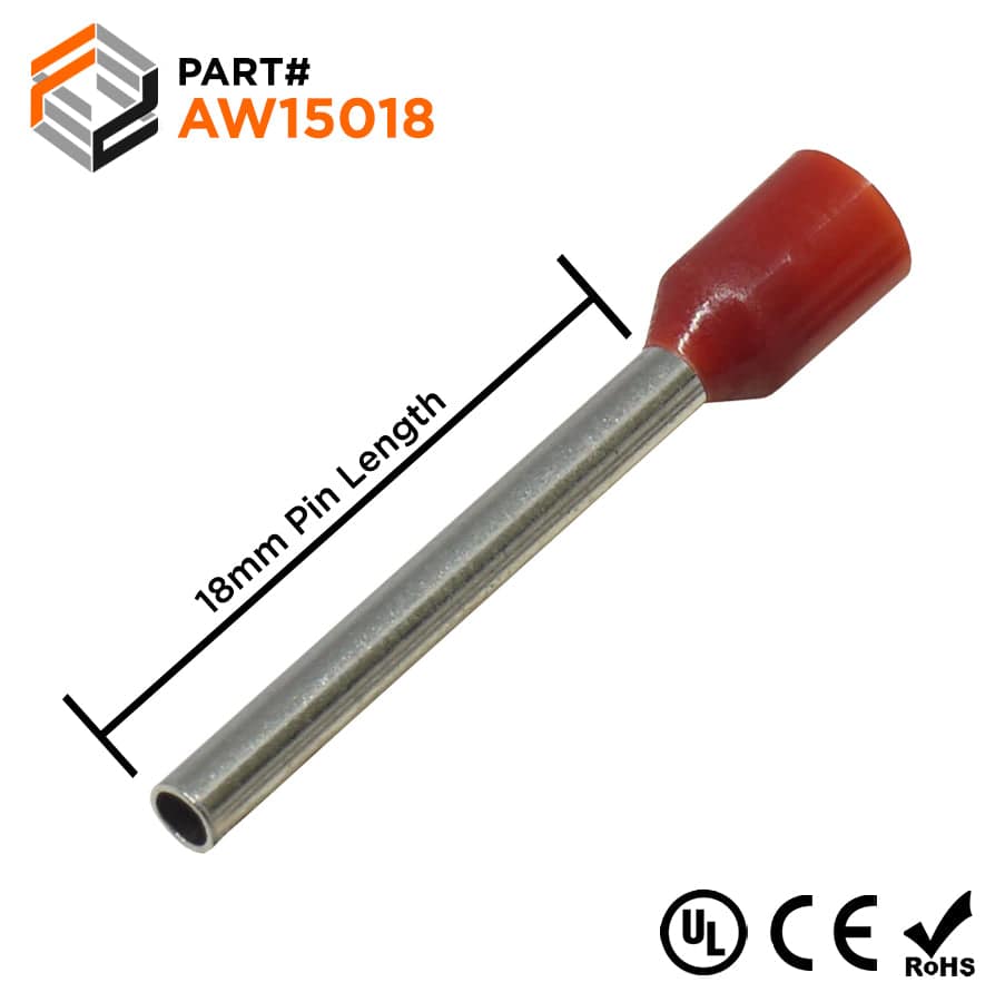 AW15018 - 16 AWG (18mm Pin) Insulated Ferrules - Red - Ferrules Direct