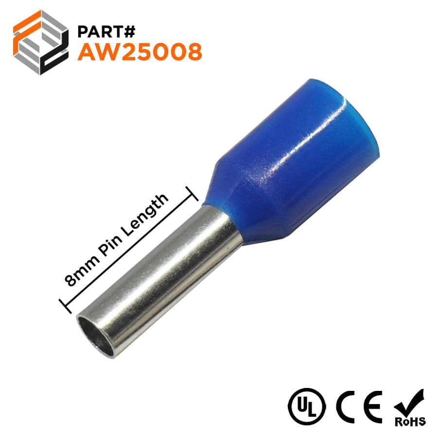 AW25008 - 14AWG (8mm Pin) Insulated Ferrules - Blue - Ferrules Direct