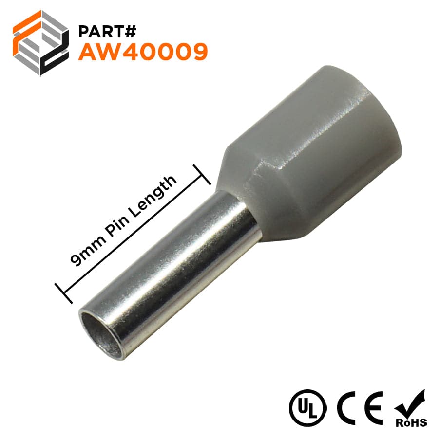 AW40009 - 12 AWG (9mm Pin) Insulated Ferrules - Gray - Ferrules Direct