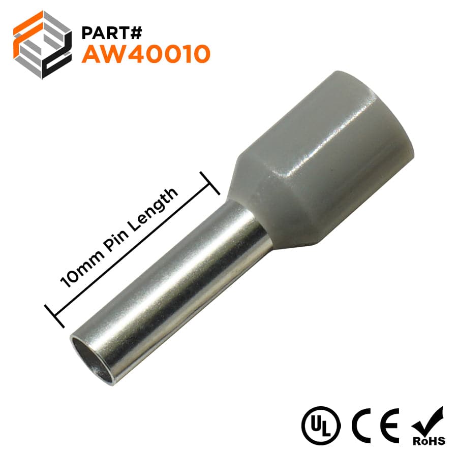 AW40010 - 12 AWG (10mm Pin) Insulated Ferrules - Gray - Ferrules Direct