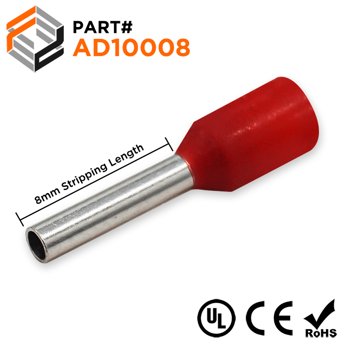 AD10008 - 18AWG (8mm Pin) Insulated Ferrules - Red | Ferrules Direct
