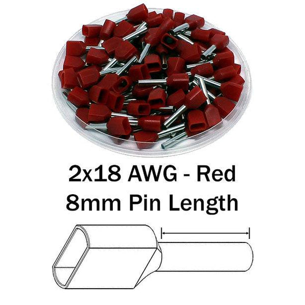 TD10008 - 2x18 AWG (8mm Pin) Twin Wire Ferrules - Red