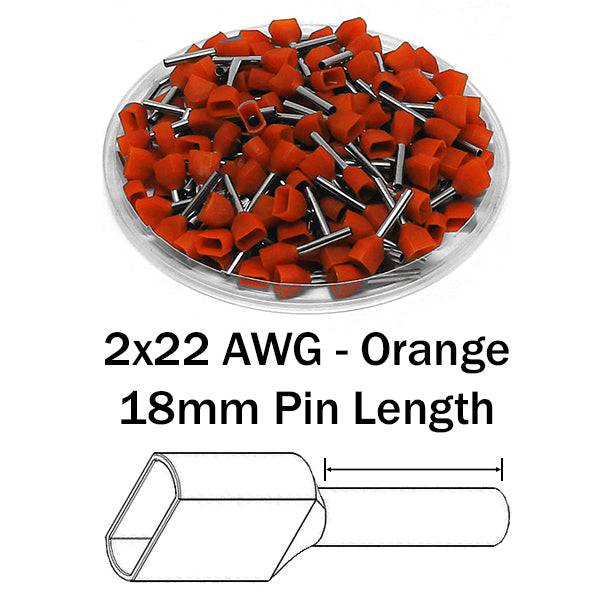 TW05018 - 2x22 AWG (18mm Pin) Twin Wire Ferrules - Orange - Ferrules Direct