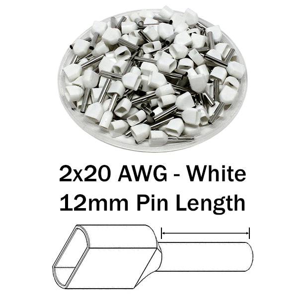 TW07512 - 2x20 AWG (12mm Pin) Twin Wire Ferrules - White - Ferrules Direct